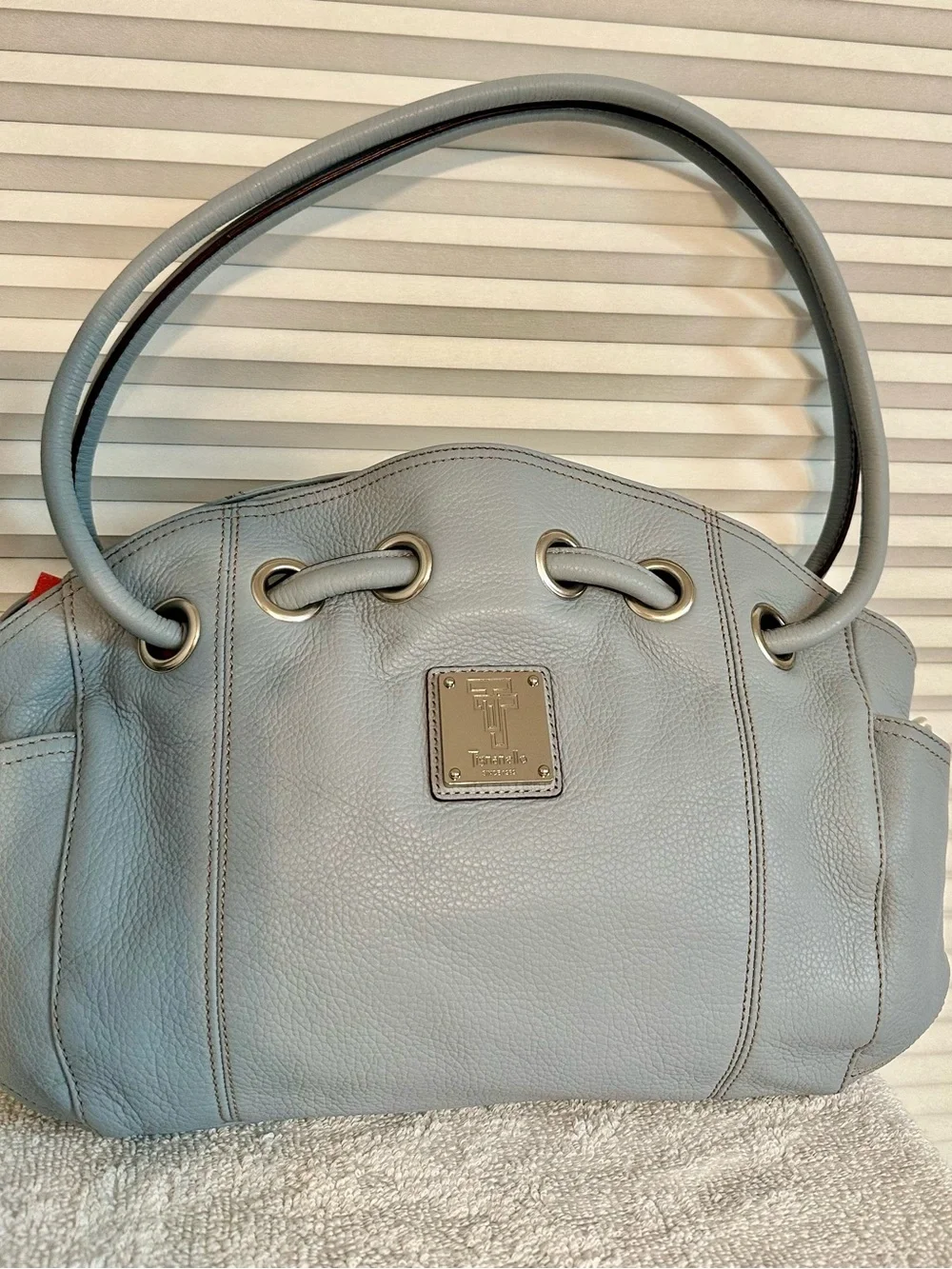 Tignanello Light Blue Pebbled Leather Shoulder Bag with Silver Plaque